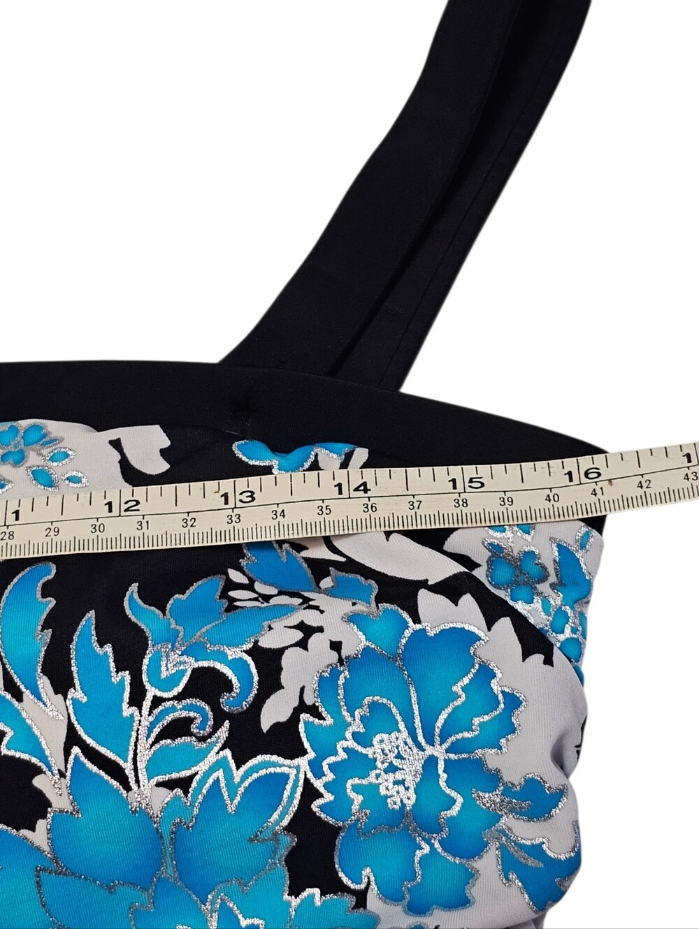 Maxine of Hollywood Swimdress One Piece Swimsuit Blue Floral Metallic Silver  16 - Picture 5 of 8